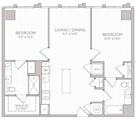 Floor plan for 2 beds, 2 baths, 1041 sqft